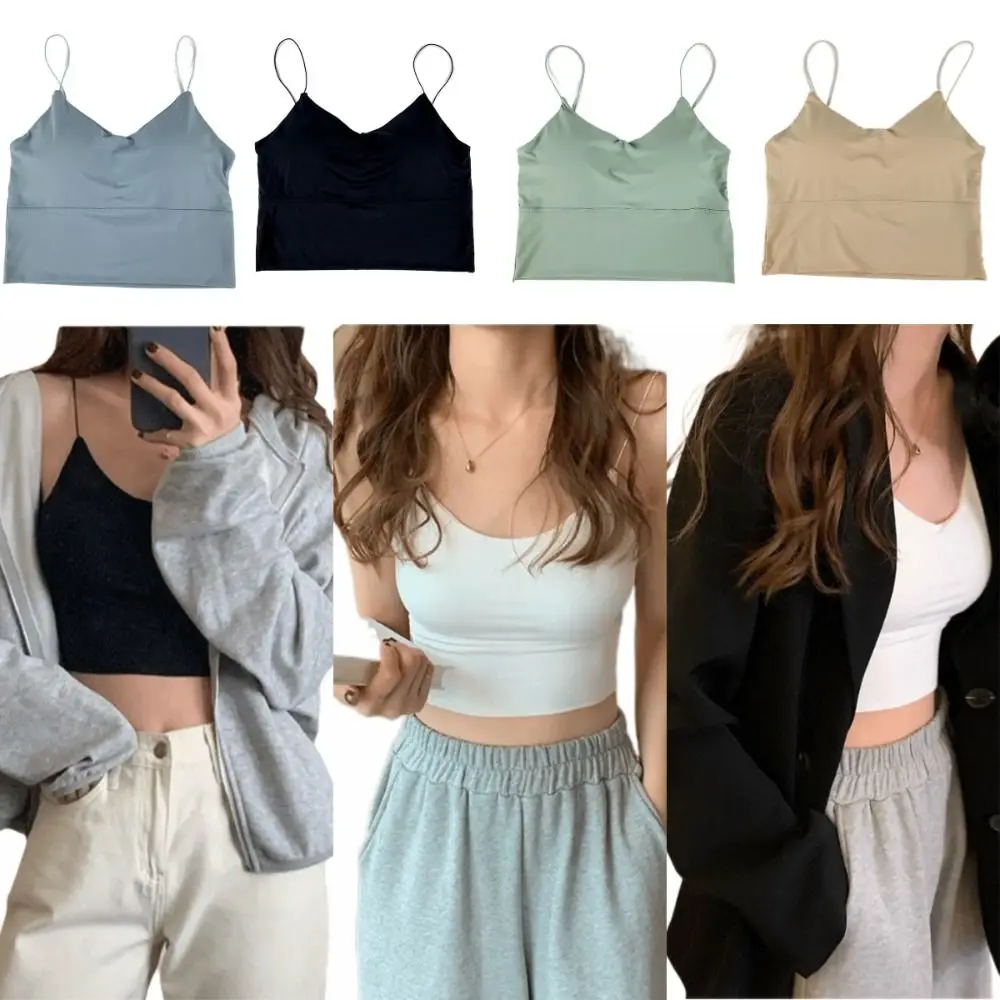 

Solid Color Ice Silk Tube Top Thin Shoulder Straps Chest Pads Wireless Bralette Underwire Support Backless Design