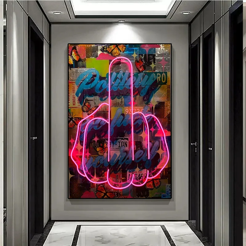 1pc frameless Classic Abstract Wall Art Neon Design Middle Finger Painting HD Canvas Printed Poster Home Living Room Bedroom Dec