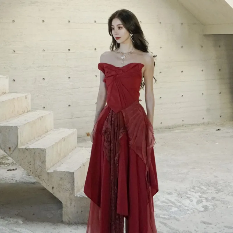 Red romantic silk skirt temperament fairy set