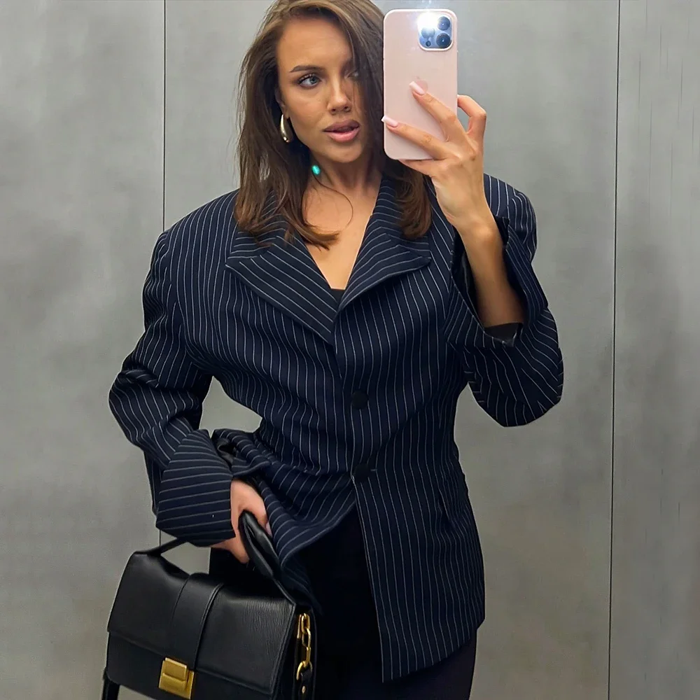 

Fmxires Women Striped Blazer Fashion Casual Lapel Slim Blazer High Street Elegant Luxury Party Looks Vintage Female Jacket Lady