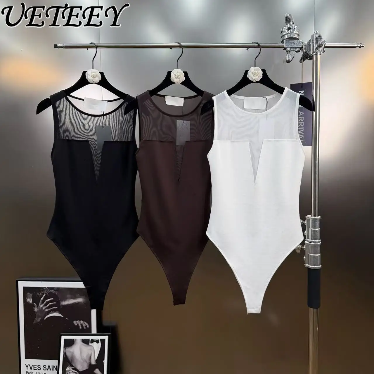 

Spring Summer Simple Sexy Sleeveless Jumpsuit Fashion Inner Wear Vest Slim Fit Slimming Sheer Patchwork Mesh Tank Tops
