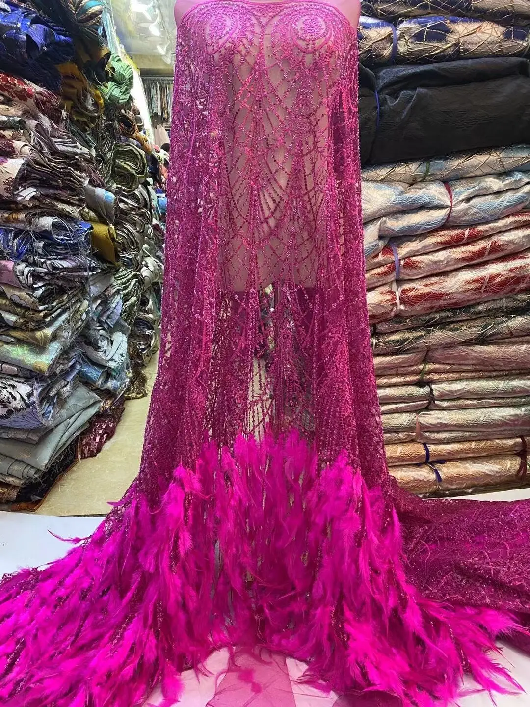

High Quality beads Lace Fabrics J-1308461Bridal Wedding Party Dresses feathers African Mesh Sequence French
