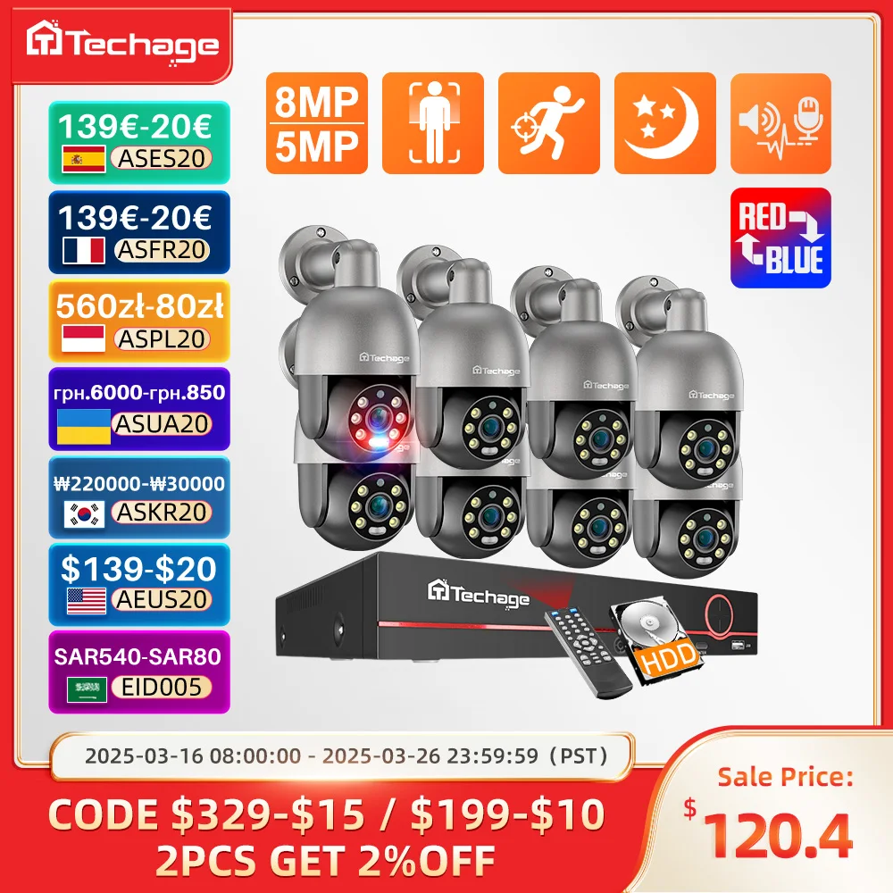 Techage HD 5MP 8MP POE Smart Security PTZ Camera System Outdoor Ultra H.265 8CH CCTV System Full Color Night Surveillance Kit