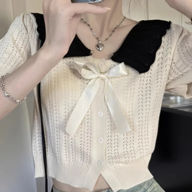 

Sweet Girl 2024 Summer Women Hollow Out Short Sleeve Knitted Shirt Flip Collar V-Neck Bow Contrast Color Slim Fit Elegant Top