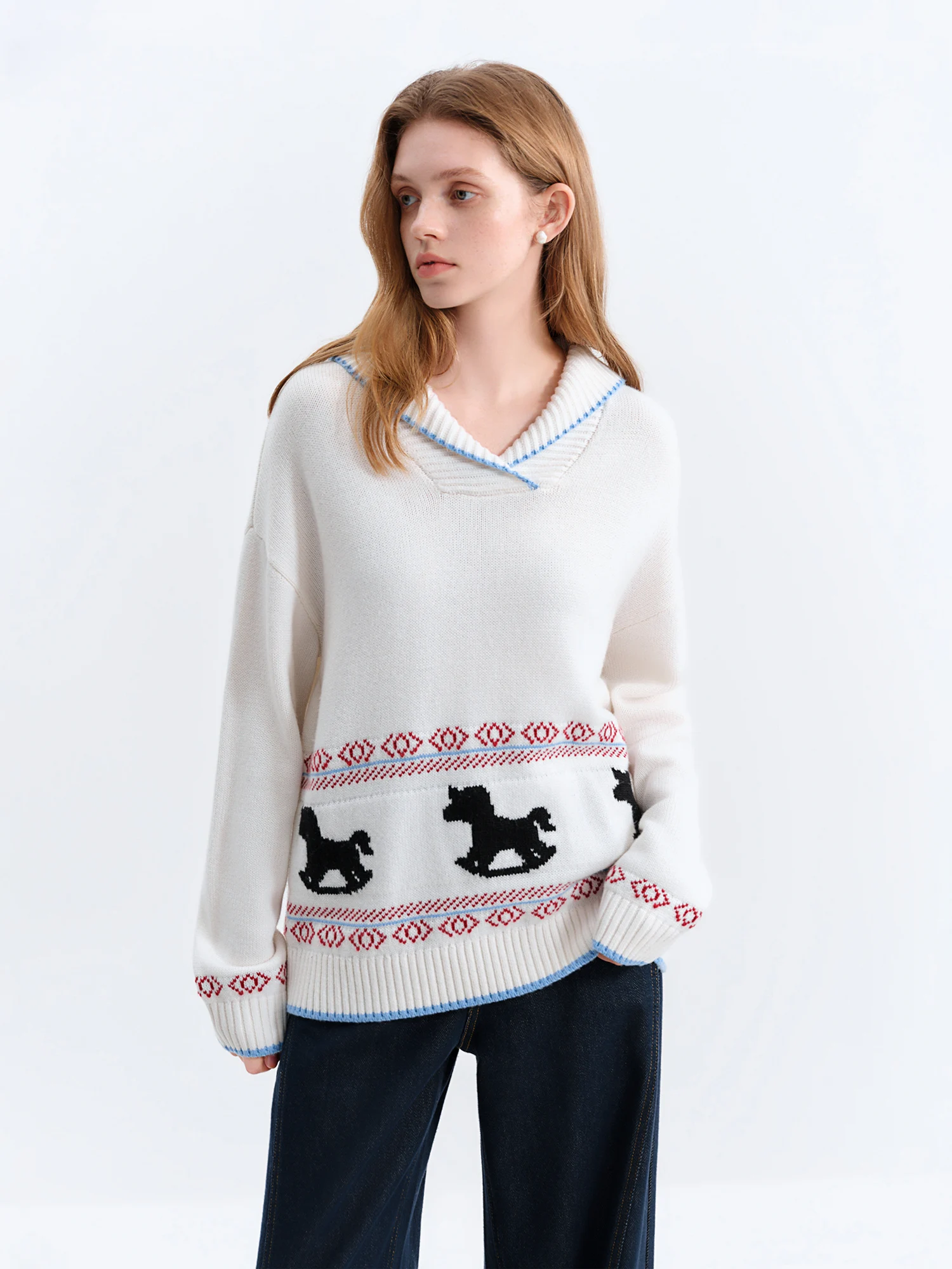 FSLE 2025 hiver femmes col cranté pull en tricot avec motif carrousel ludique-bloc de couleur haut décontracté pour superposition