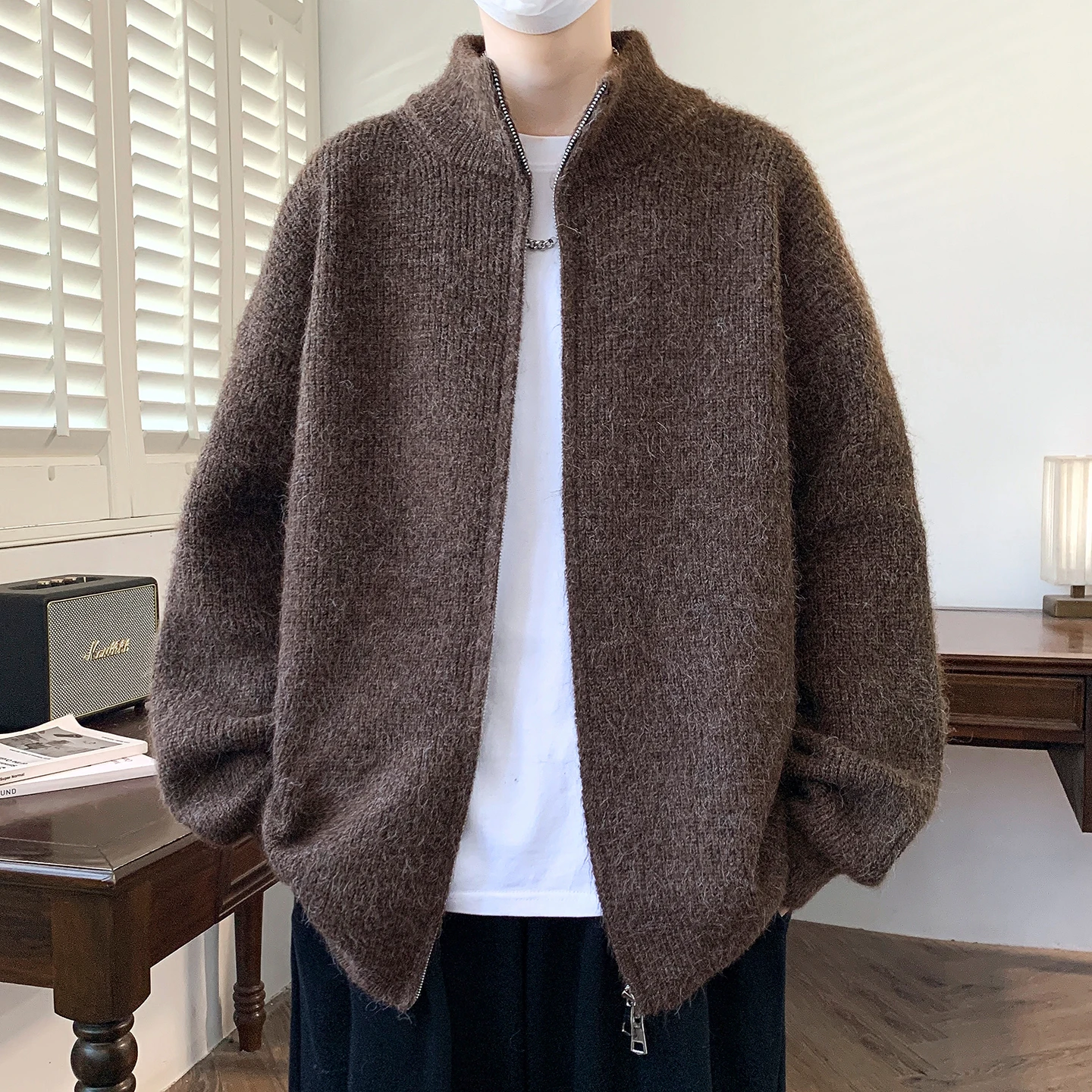 

Мужской кардиган-свитер с открытым передом, повседневный, с воротником-стойкой, на двойной молнии, модный, свободный, вязаный, осенне-зимний, из полиэфирного волокна, V-образный вырез