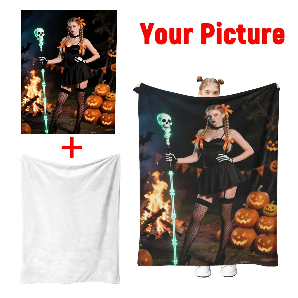 Benutzerdefinierte Foto-Fleecedecke – DIY Jack-O'-Lanterns/Kürbis-Drucke |     Weich warm |     Sofa/Bett/Reise |     Halloween-Trick-Or-Treat-Geschenk