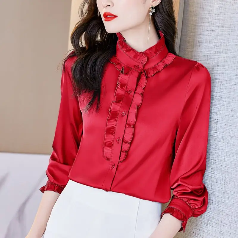 spring autumn stand collar Long Sleeve shirt women Solid color Button Cardigan elegant satin face edible tree fungus Pleated top