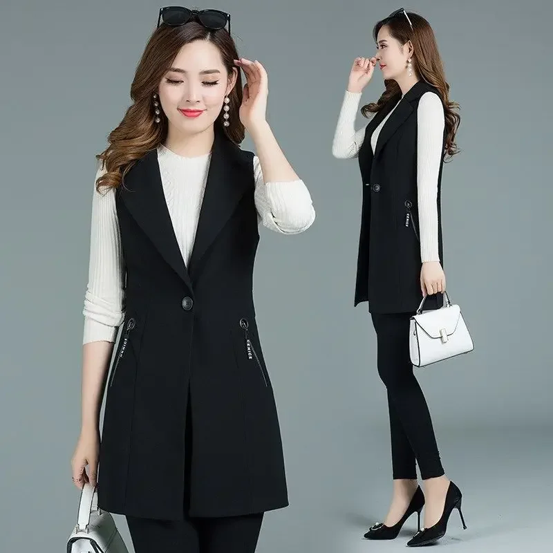 Classic Women Long Blazer Vest Elegant Office Lady Coat Female Waistcoat Casual Suits Sleeveless Jacket Pocket Outwear E244