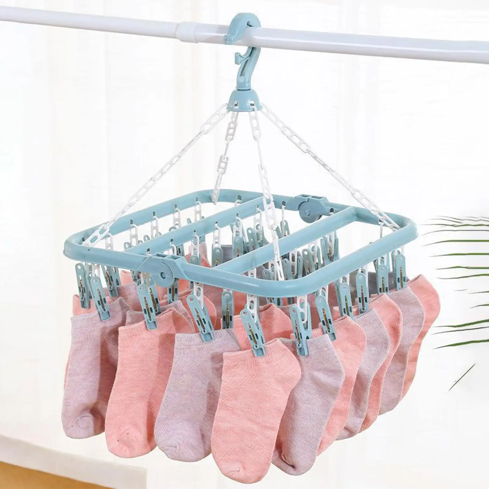 Sock Hanger for Drying Foldable Clothing Drying Clips 32-Clips Swivel Wind-Proof Clothes Hanger Dryer for Sock Underwear