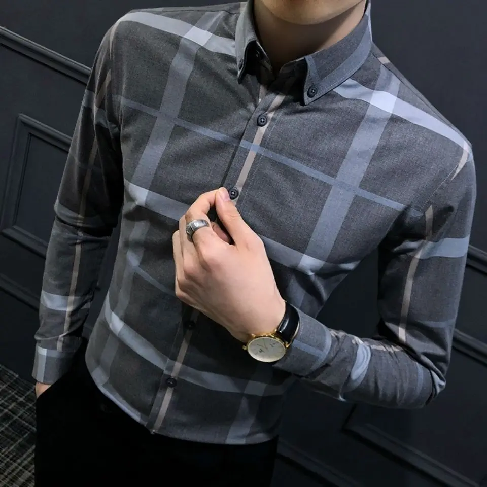 

Мужская модная рубашка в клетку 2026 года, осенняя, с длинным рукавом, приталенная, в корейском и британском стиле, повседневная, стильная