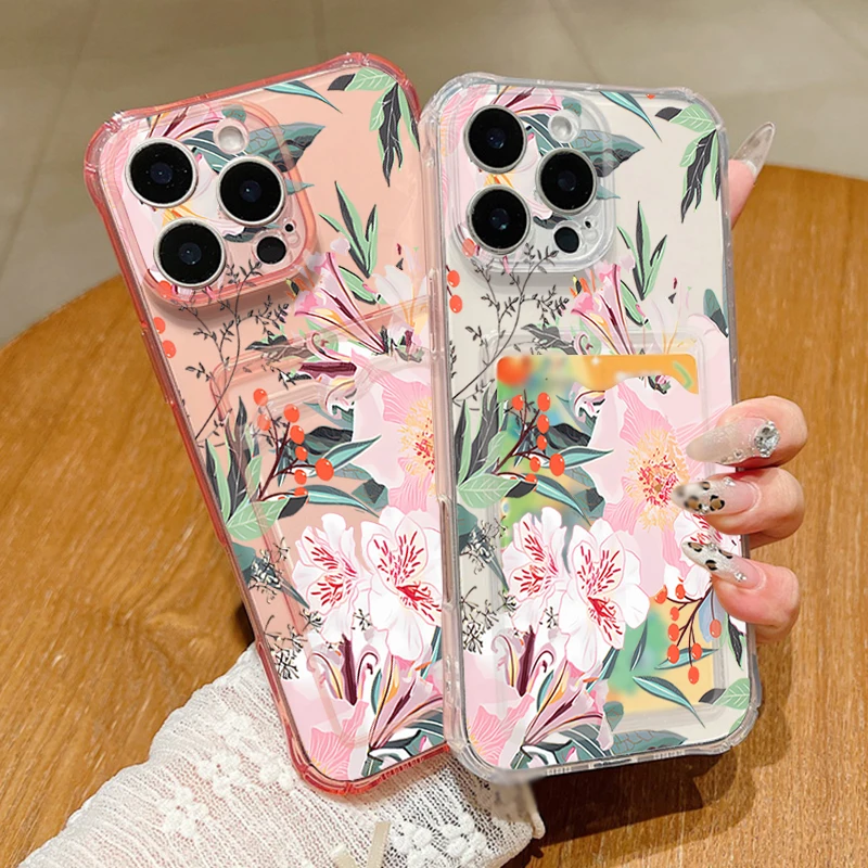 Case For iPhone 16 Pro Max Luxury Butterfly Orchid Floral Print Clear Soft Card Holder Cover For iPhone 15 14 13 Pro Max 12 11