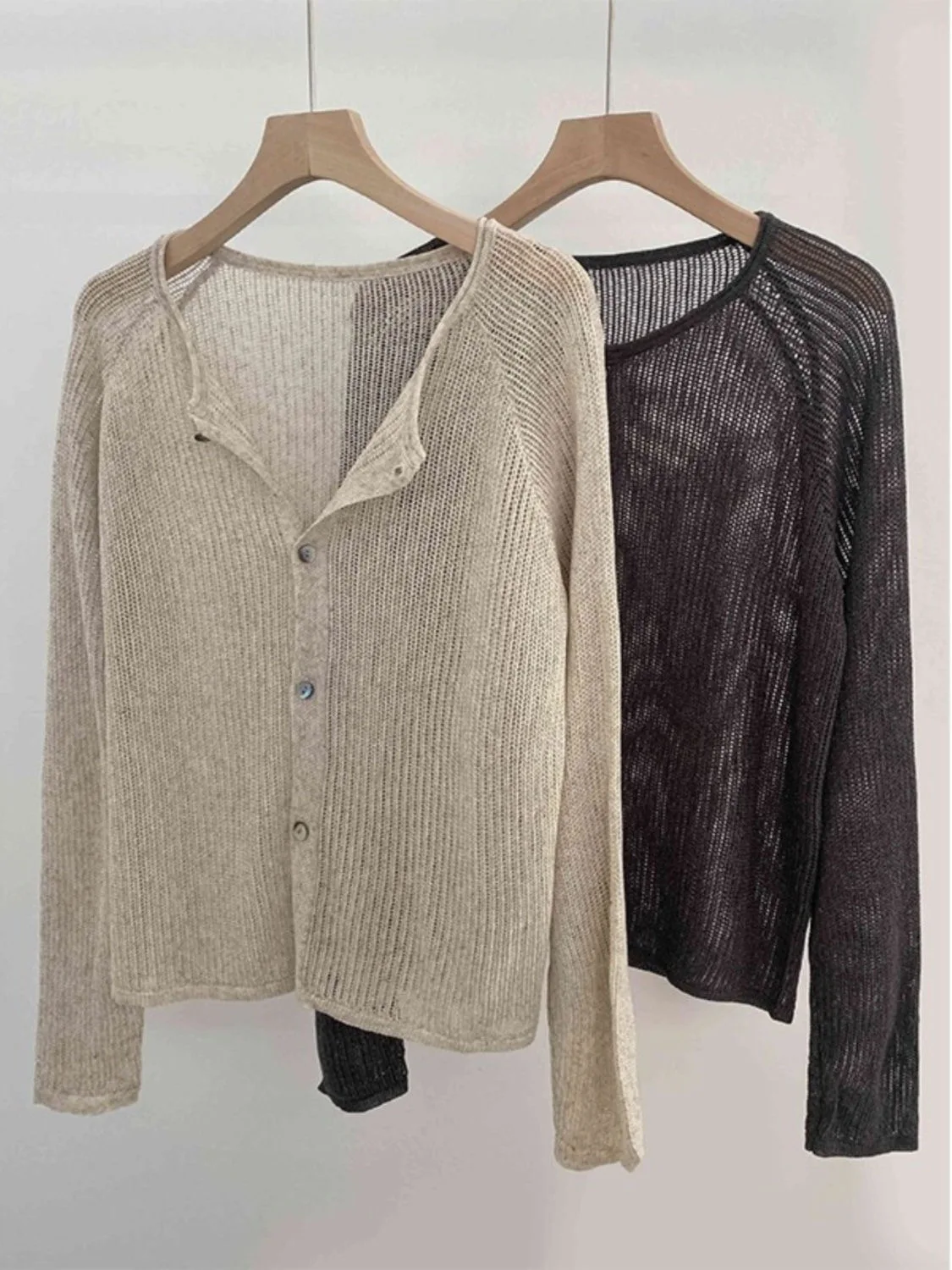 Dames Zomer Lente Effen Kleur Holle Knoop Lange Mouw Dunne Cardigan Coverup Gebreide Tops Shirt Japan Stijl Hoge Kwaliteit