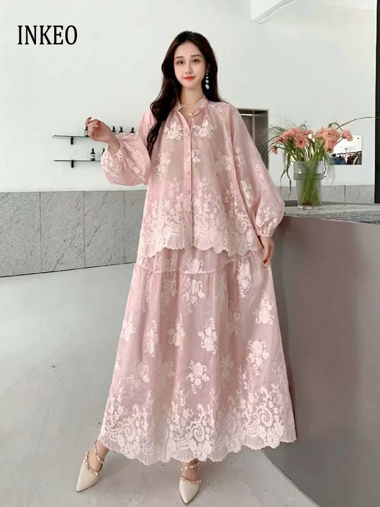 

Винтажная женская рубашка с цветочной вышивкой, топы с рукавами-фонариками и длинная юбка с эластичной резинкой на талии, новинка 2025 года, стильный комплект из 2 предметов 5D241