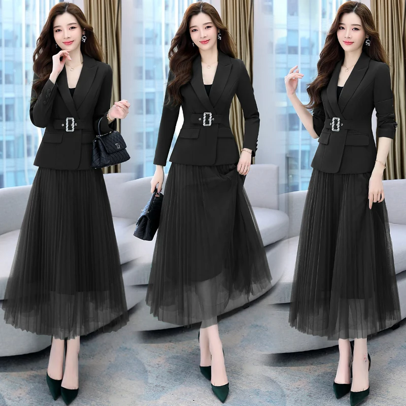 High Quality Spring Autumn Long-Sleeved Blazer Coats Mesh Pleated Mid Skirt Slim Commuter Casual Woman Skirt Suit 2 Pieces Sets