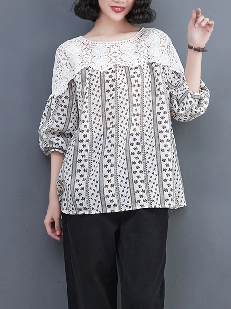 NYFS 2023 Autumn New Korea Woman Tops Loose Fat MM Cotton Linen Lace Patchwork Long Sleeve T Shirt