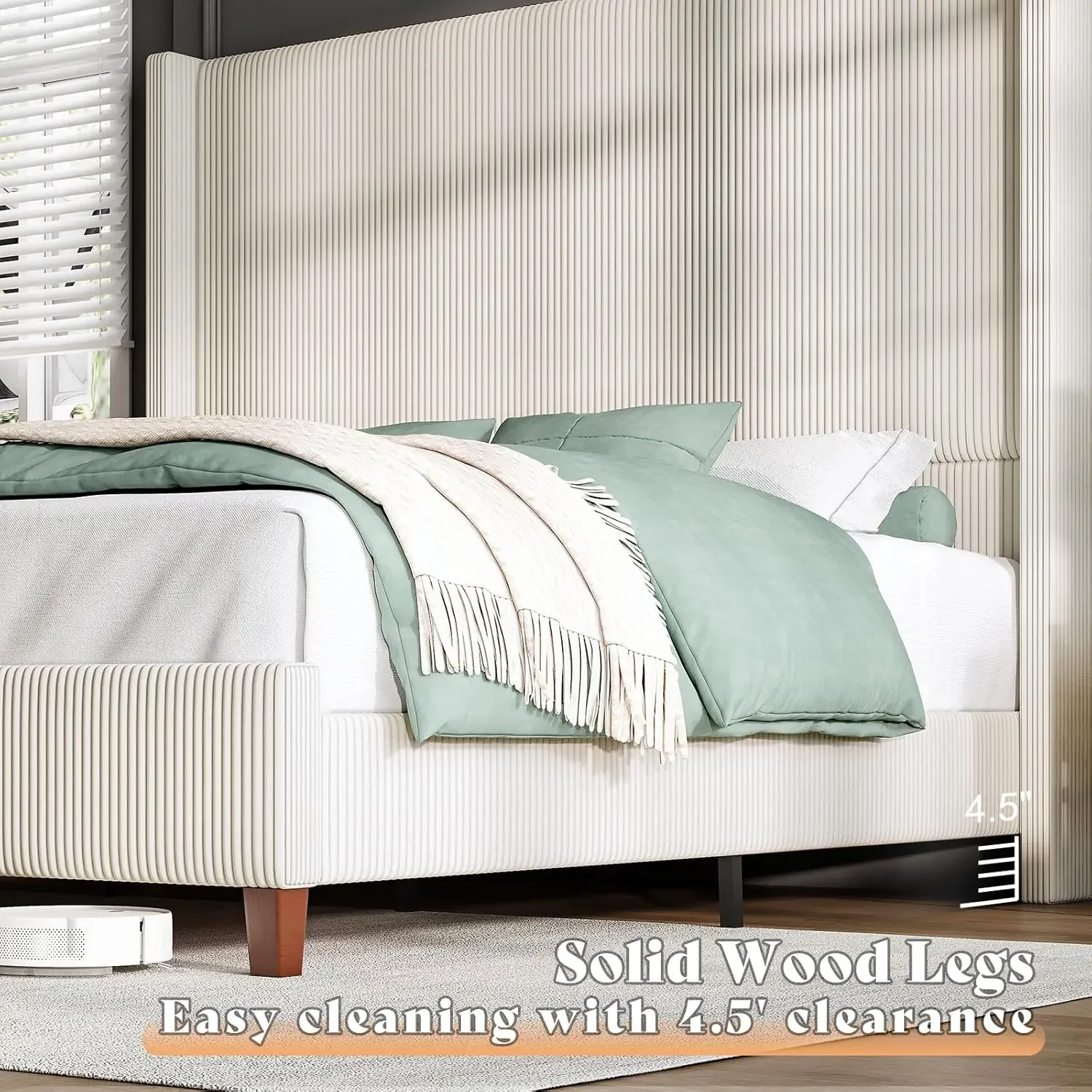 Queen Size 62" Corduroy Upholstered Bed Frame, Luxurious Platform Bed with Extra Tall Wingback Headboard and Vertical Stripe image 6