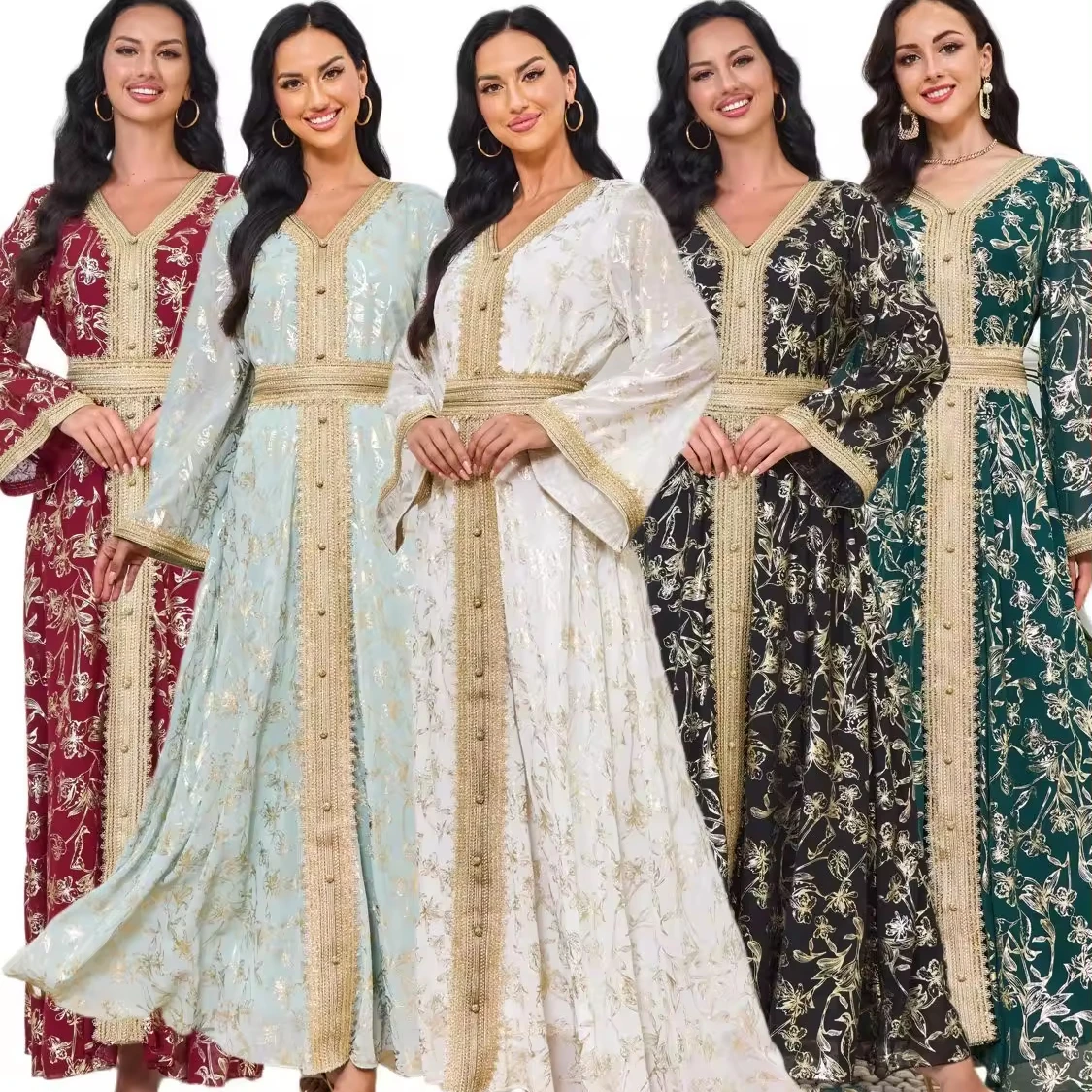 

Оптовая продажа, Новое поступление, OEM, сверхмощное золотое тиснение, цветочное кружевное украшение, мусульманские женщины, кафтаны, платья из Индии