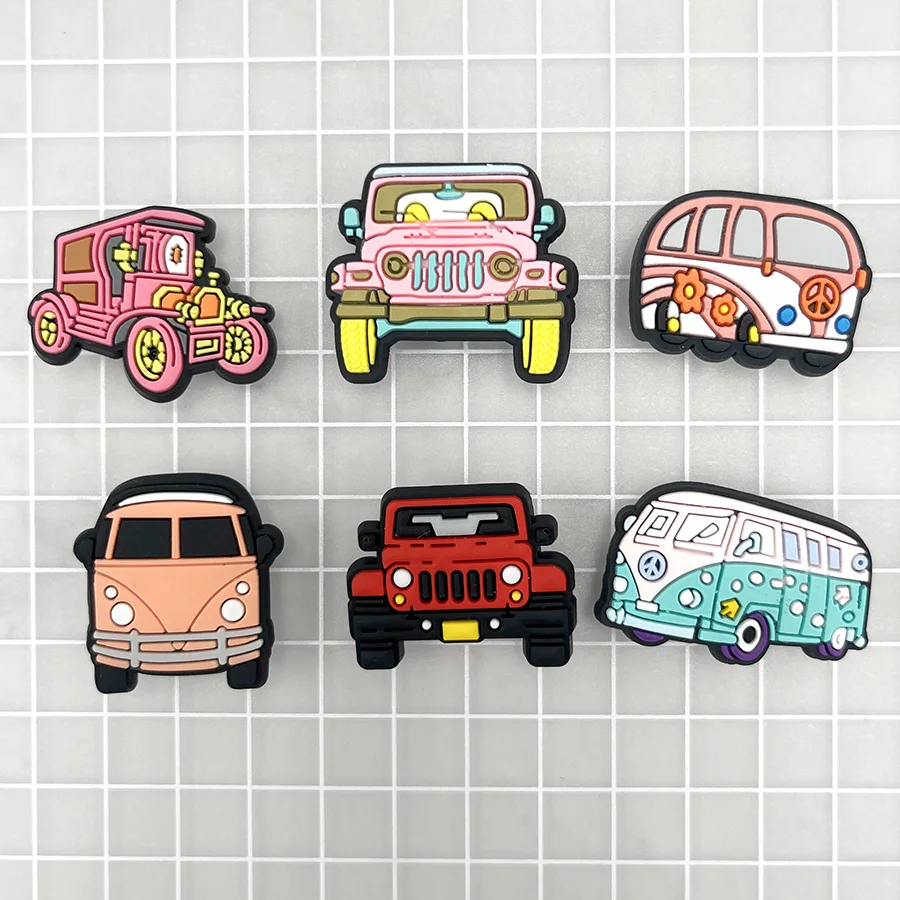 1Pcs Colorful Retro Bus PVC Shoe Charms Accessories Funny DIY Shoes Upper Pins Decoration Sandals Buckle Kid X-mas Party Gift