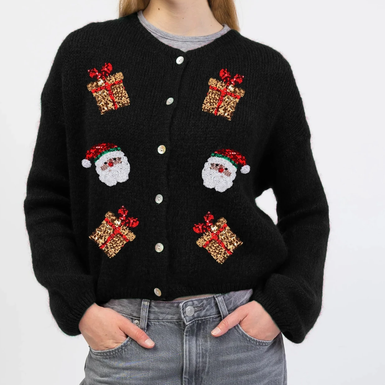 เสื้อคาร์ดิแกนคริสต์มาสสำหรับผู้หญิง แขนยาว คอวี ติดกระดุม ปักลายซานตาคลอสด้วยเลื่อม เสื้อแจ็คเก็ตถัก