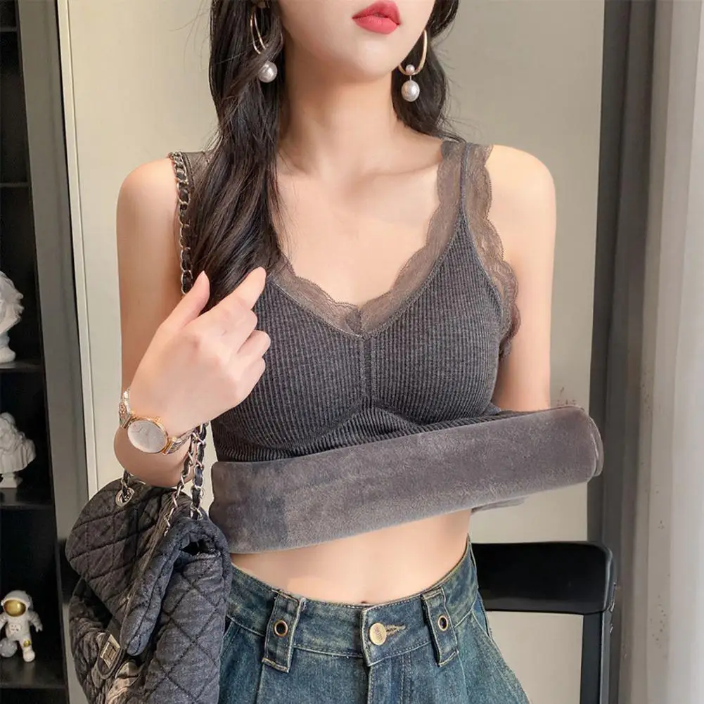 Women Vest Warm Fleece-lined Vest Women’s V-neck Padded Underwear Vest Lace Trim Top Elastic Bottom Winter Layer Solid Color