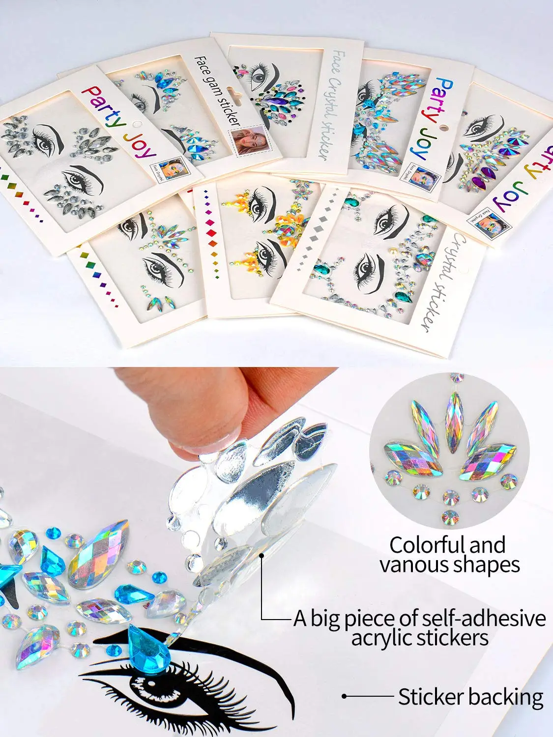 8pcs Face Festival Stickers 3D Diamond Temporary Tattoo Kids Show Makeup Halloween Party DIY Face Jewelry Tattoo Decoration