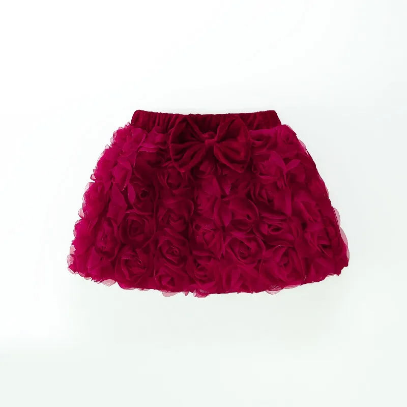 2026 New Kids Girls' Korean Style High-Waisted Skirt - 3D Rose Decor Big Bow Sweet Bodycon Mini Skirt with Elegant Temperament