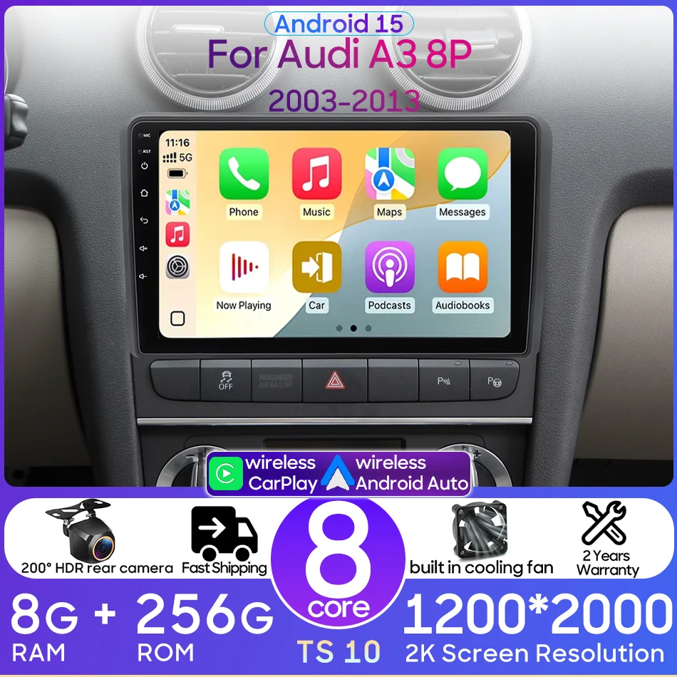 CarPlay Android Auto 2DIN Autoradio for Audi A3 2 8P 2003 - 2013 S3 2006 - 2012 RS3 2011 - 2012 Android Entertainment  BT Wifi