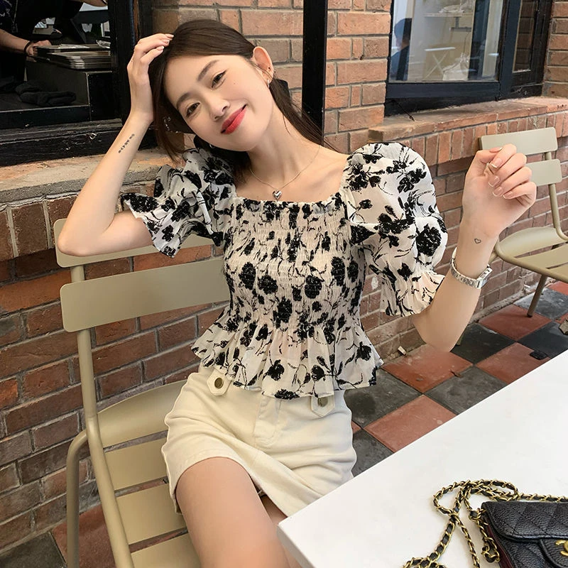 French Square Collar Floral Printed Shirt Elasticity Waist Women Tops Puff Short Sleeve Casual Ruffles Summer Blouse