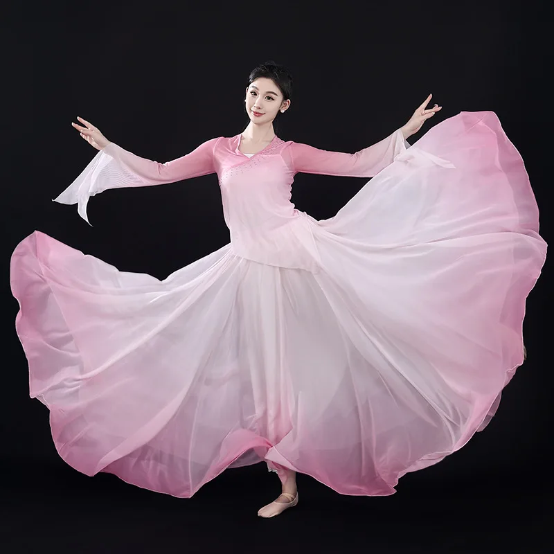 M-3XL Chinese Style Gradient Dance Dress Women Classical Dance Costume Gauze Chiffon Elegant Performance Large Swing Long Skirt