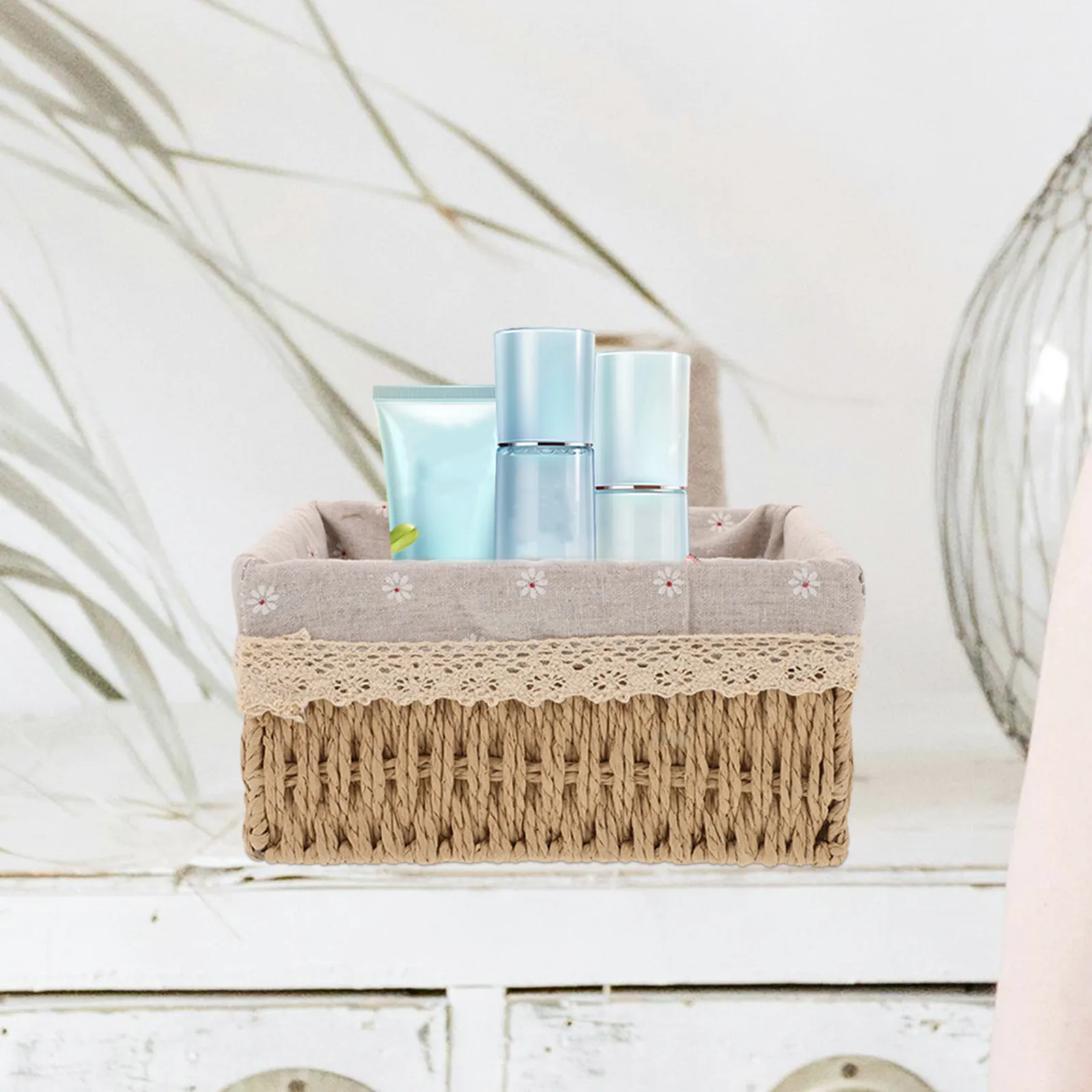 

Small Rattan Basket Storage Box Rectangular Organizer Rustic Makeup Jewelry Holder for Bathroom Kitchen Office Decor