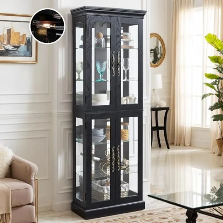 Lighted curio cabinet for living room: vintage wood finish, adjustable shelves, 4 tempered glass doors, bulb included, ideal fo