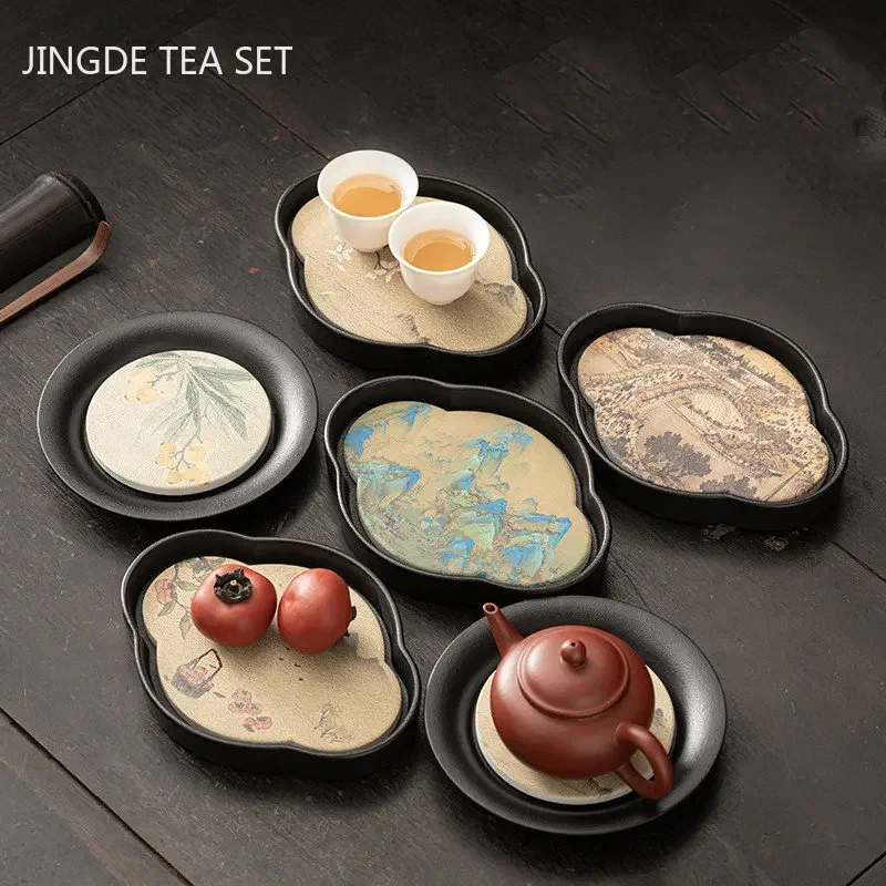 Black Pottery Water Absorption Type Tea Tray Home Quick Drying Teapot Trays Small Dry Brewing Tea Table Chinese Tea Accessories