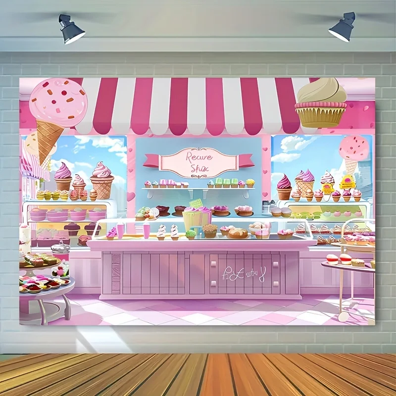 Ice cream shop background, summer pink sweet candy princess girl shower, birthday photography background, donuts