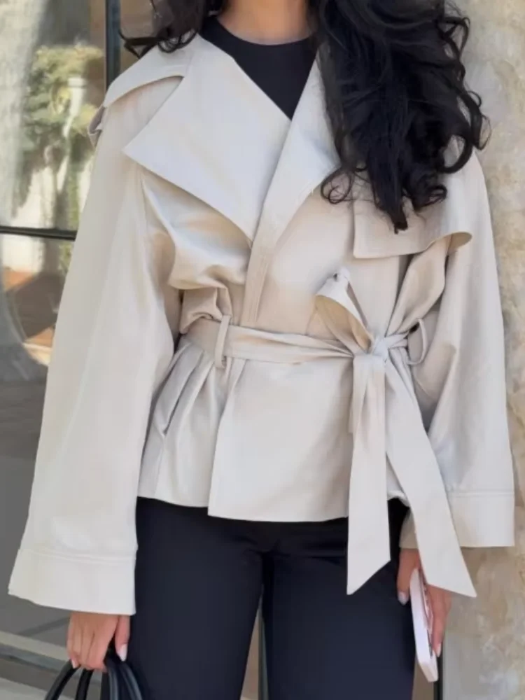 

Fashion Solid Lace Up Jacket Women's Long Sleeve V-neck Lapel Pleated Loose Windbreaker Autumn 2025 Female Daily Street Wear