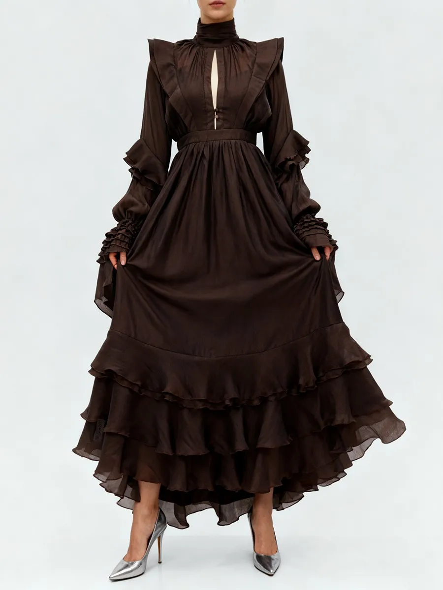 TWOTWINSTYLE Vintage Spliced Cut Out Slim Mid Dress for Women Stand Collar Long Sleeve Tiered Ruffled Hem Elegant Dresses Female