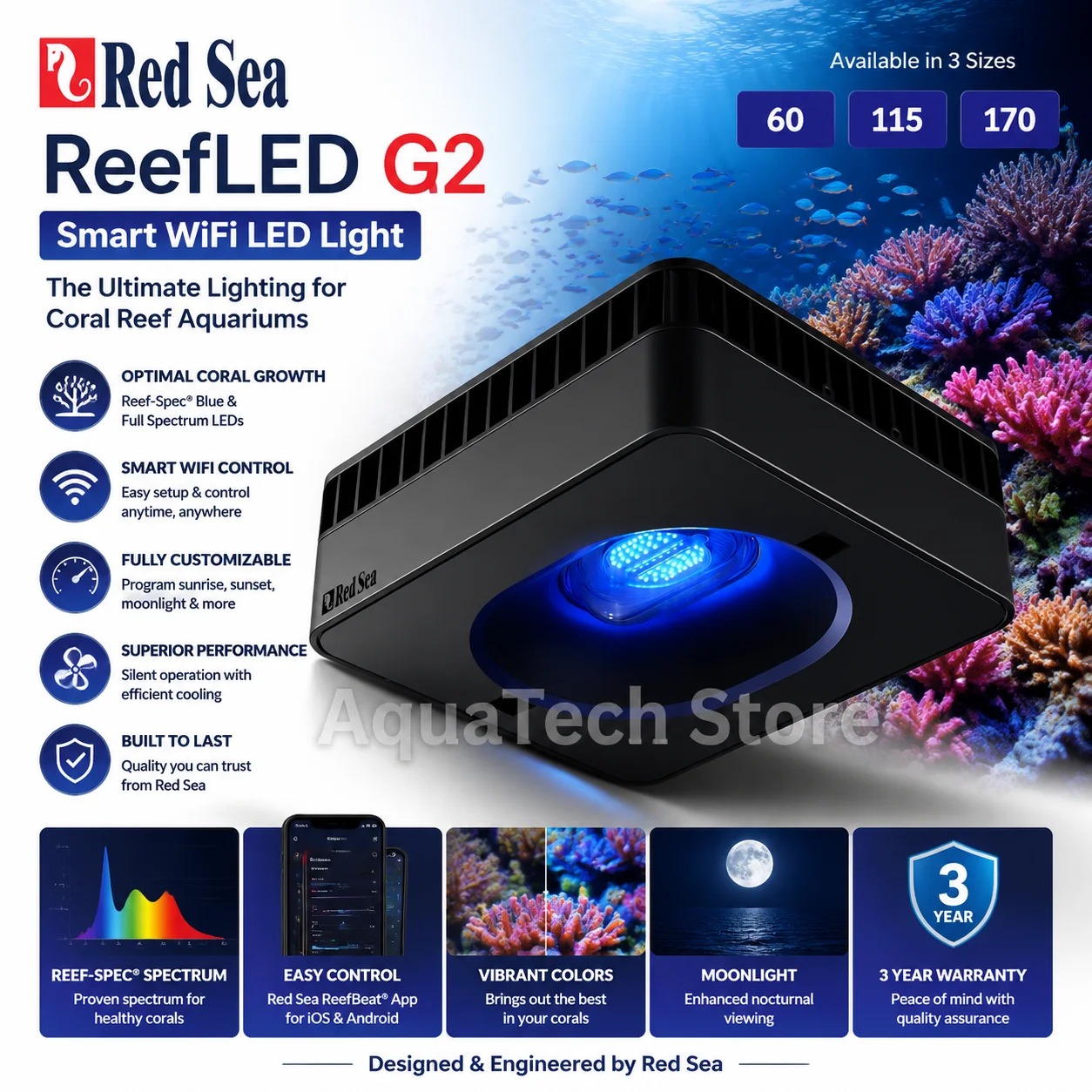 Red Sea ReefLED G2 60/115/170 Smart WiFi LED Aquarium Light REEF-SPEC Spectrum Saltwater Reef Coral Lamp for Coral Growth