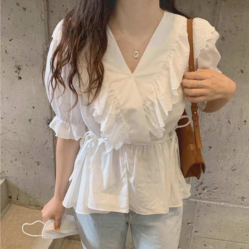 

Ele White irt Women's Summer Faion Bubble Sve Blouse V-ne Korean Sle Mixed Fabric ort Sve Loose Fit