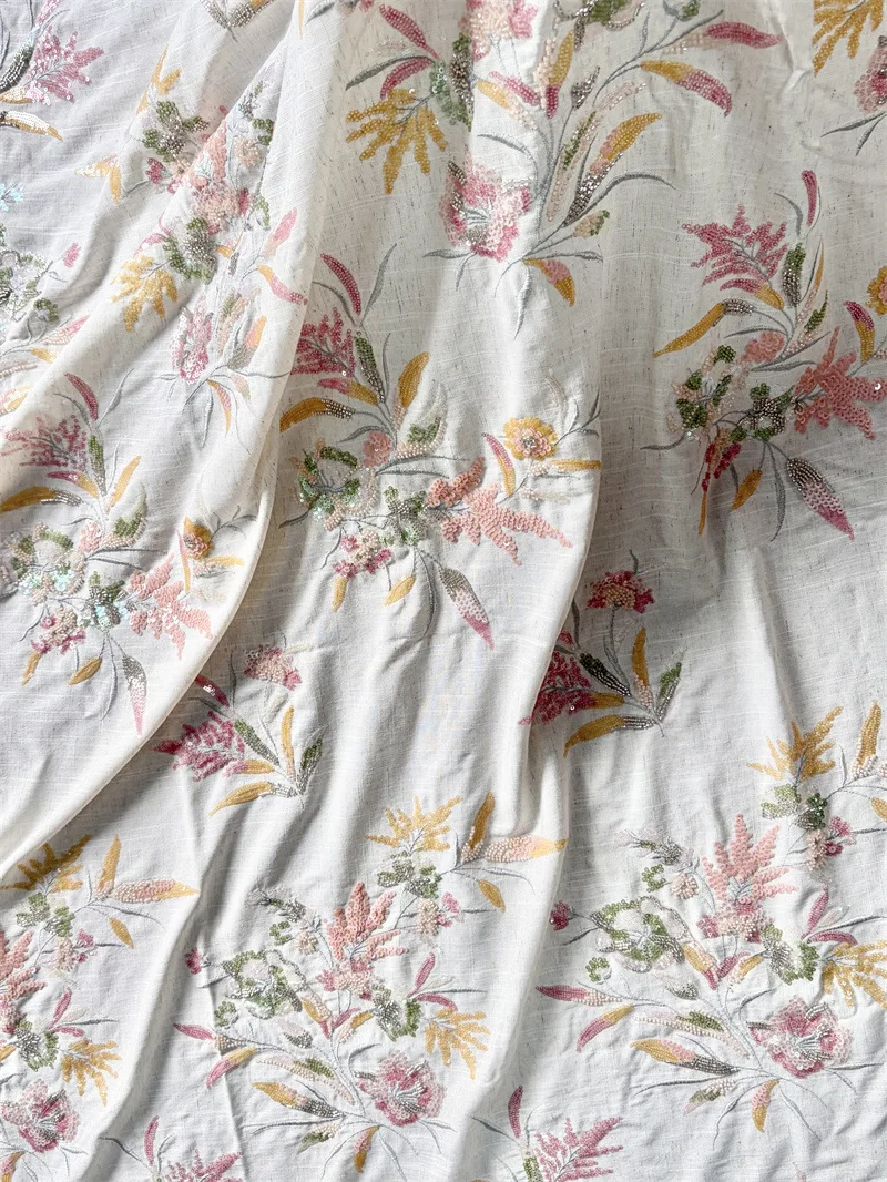 

High-end colorful sequin bead embroidered floral cotton-linen fabric for clothing, designer fabric, handmade sewing accessories