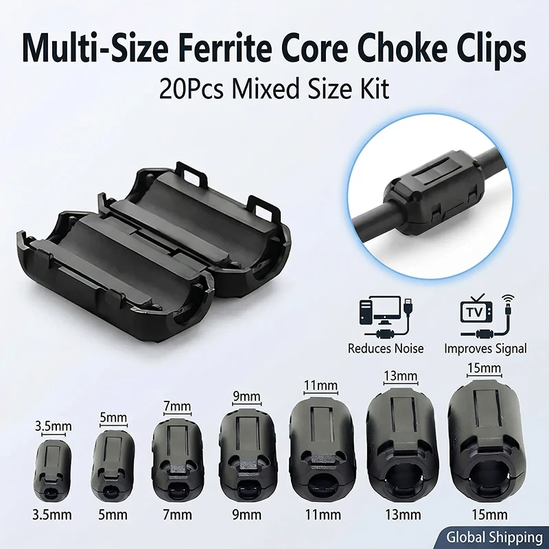 20Pcs Assorted Ferrite Core EMI RFI Noise Suppression Beads – 3.5mm 5mm 7mm 9mm Clip-On Toroidal Choke for USB HDMI Video Cable