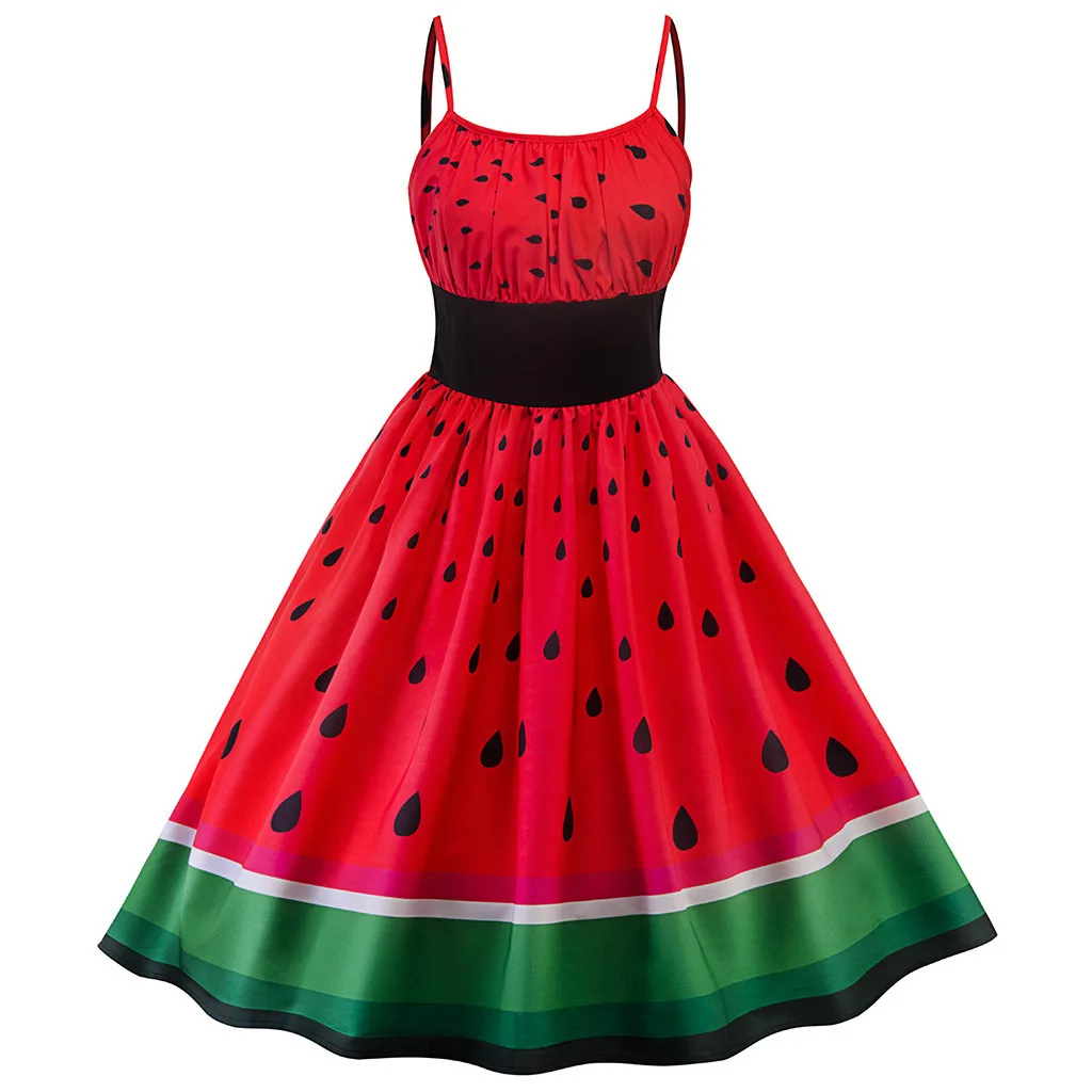 

Funny Watermelon Printing Dress Fancy Dress Women's Fashion Sleeveless Halter Dresses Mardi Gras New Party Swing Dresses