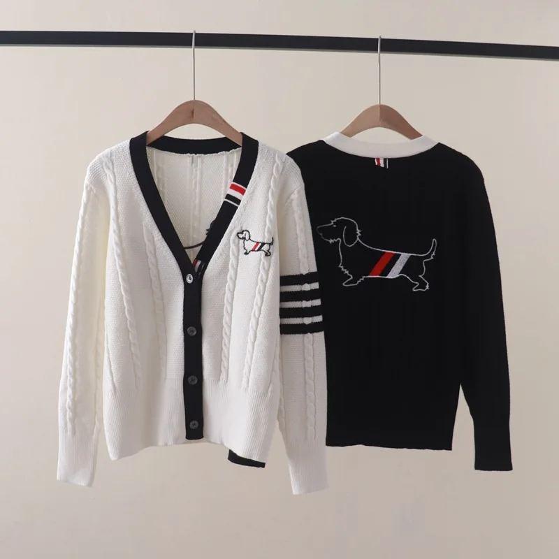 Jesień i zima NewtbCollege StyleVCollar Contrast Color Puppy Embroidered Twist Long Sleeve Knitted Cardigan Sweater Coat Thi