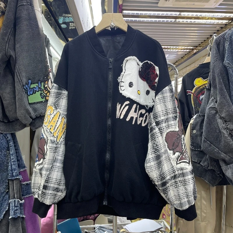 2025 Autumn New Fashion Versatile Heavy Industry Cartoon Cat Embroidery Long Sleeves Baseball Jacket For Women's Y2k Kawaii Coat