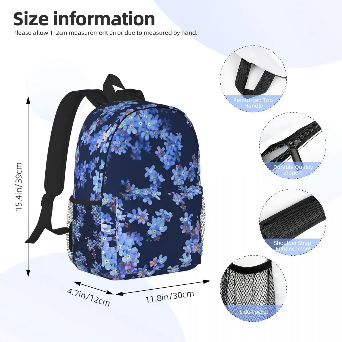 Forget Me Not, Watercolour Flowers On Dark Background Backpack Boy Girl Bookbag Student School Bags Travel Rucksack Shoulder Bag