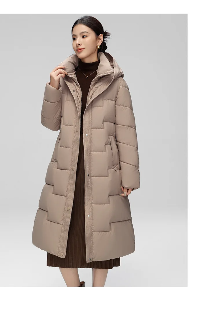 Jaket Musim Dingin Kasual Anti Angin Wanita Model Sedang Panjang, Jaket Berisi Kapas, Jaket Hoodie Bulu Angsa Putih