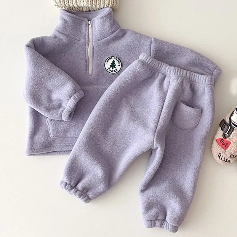 Boutique Kids Winter Baby Girls Clothes Purple Cute Polar Fleece Sweat Suit Toddler Boy Choker Sweatshirt Sports Fleece Set