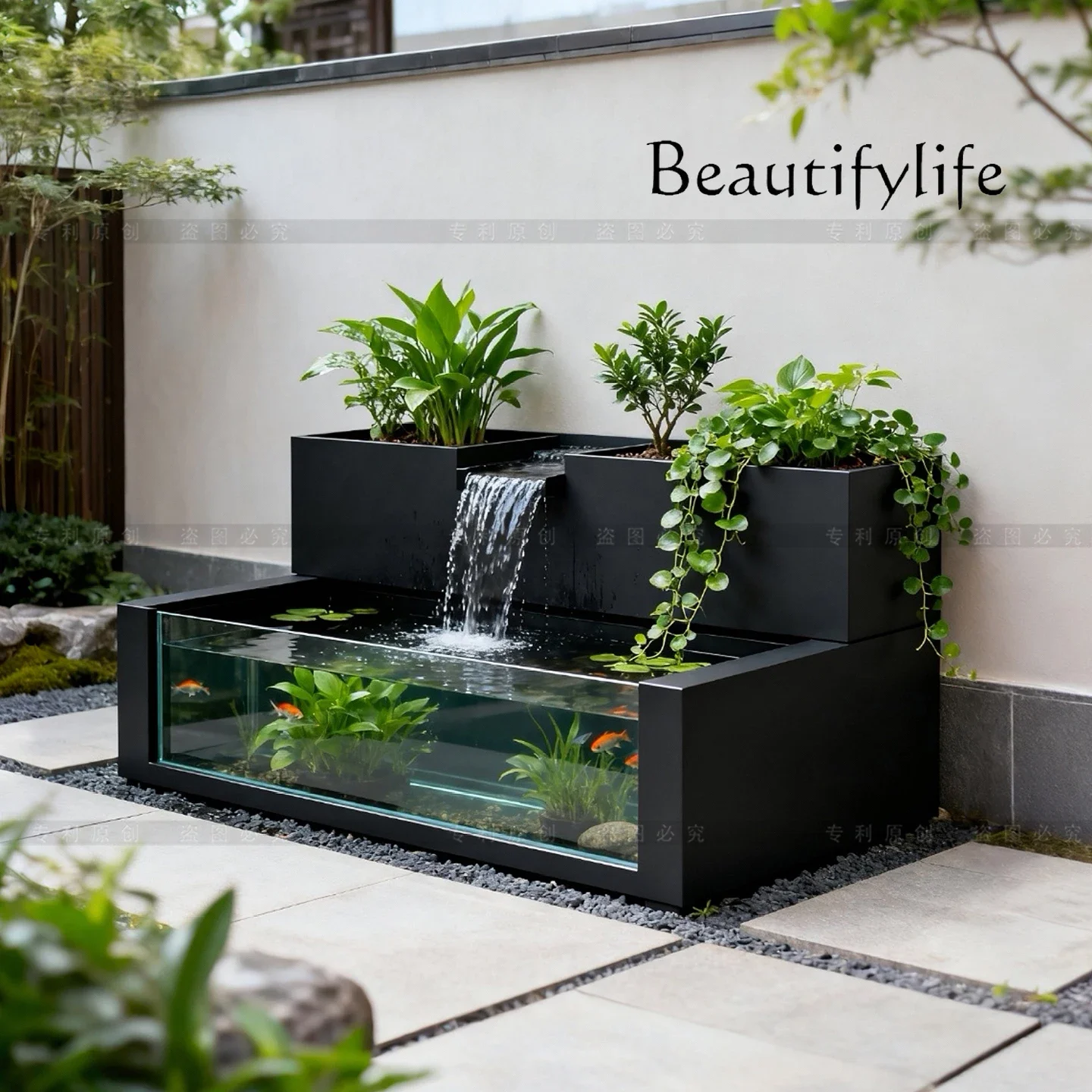 Balcony landscape stainless steel flowing water flower box outdoor terrace courtyard stacked spring landscaping fish pond garden