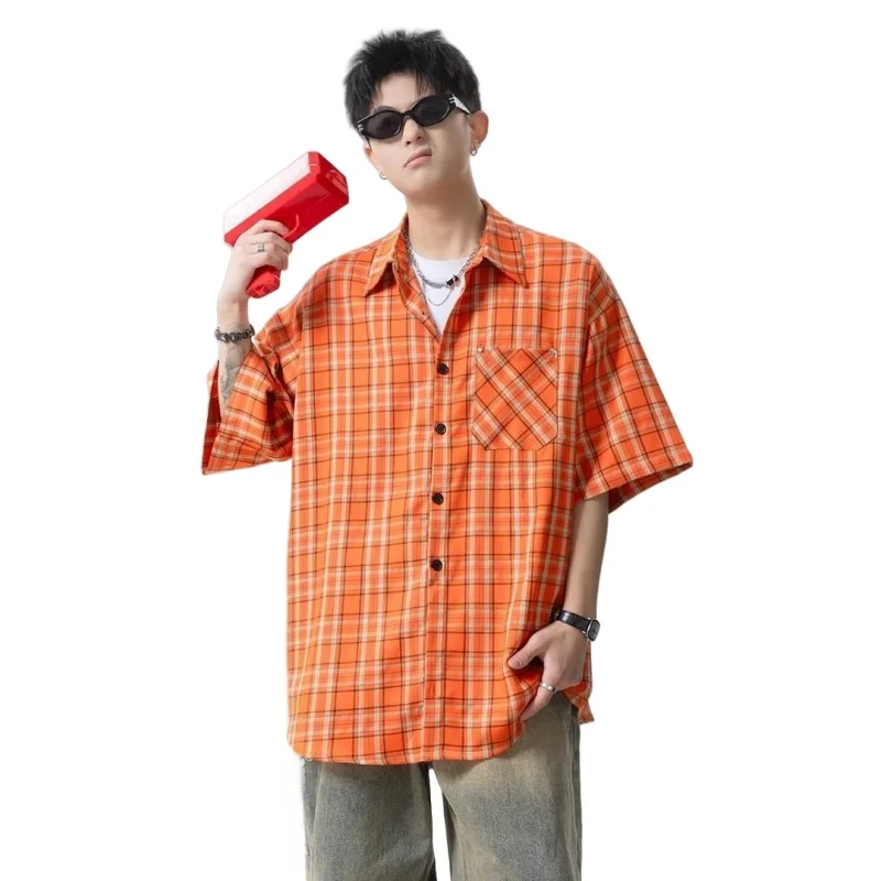 Summer Men's American Retro Orange Checkered Short Sleeve Shirt High Street Fashion Loose Casual Half Sleeve Sunscreen Shirt