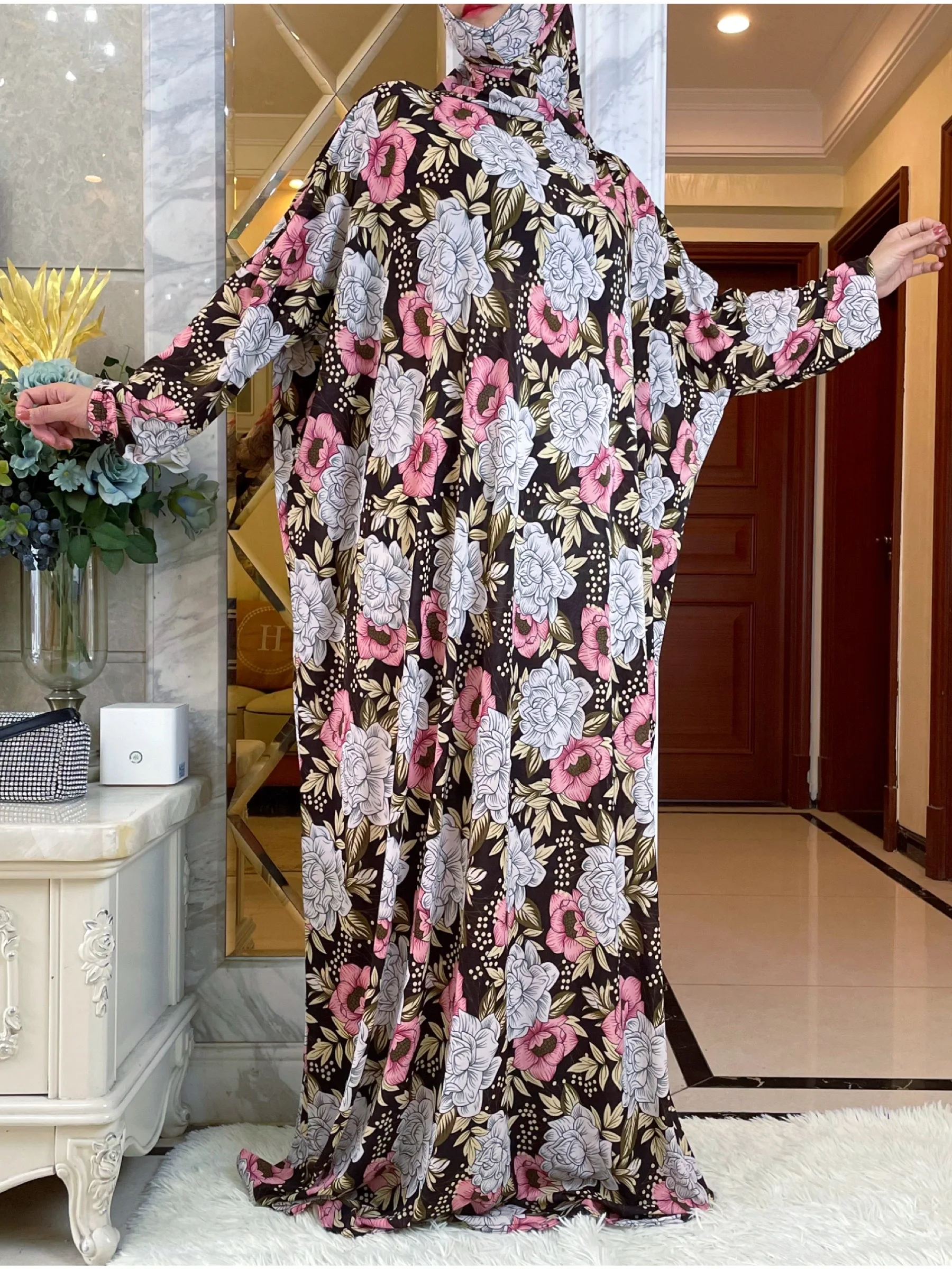 Abaya-Robe musulmane à capuche pour femmes, vêtement de prière turc-africain, caftan avec hijab, imprimé floral, dubaï, saoudien, ramadan, 2023Eid