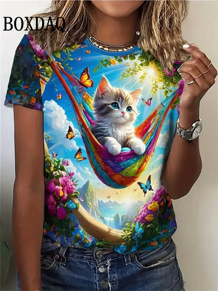 

Лето 2025 г., женская футболка с 3D забавным котом, свободная повседневная футболка с круглым вырезом и короткими рукавами, креативные топы больших размеров с животным принтом